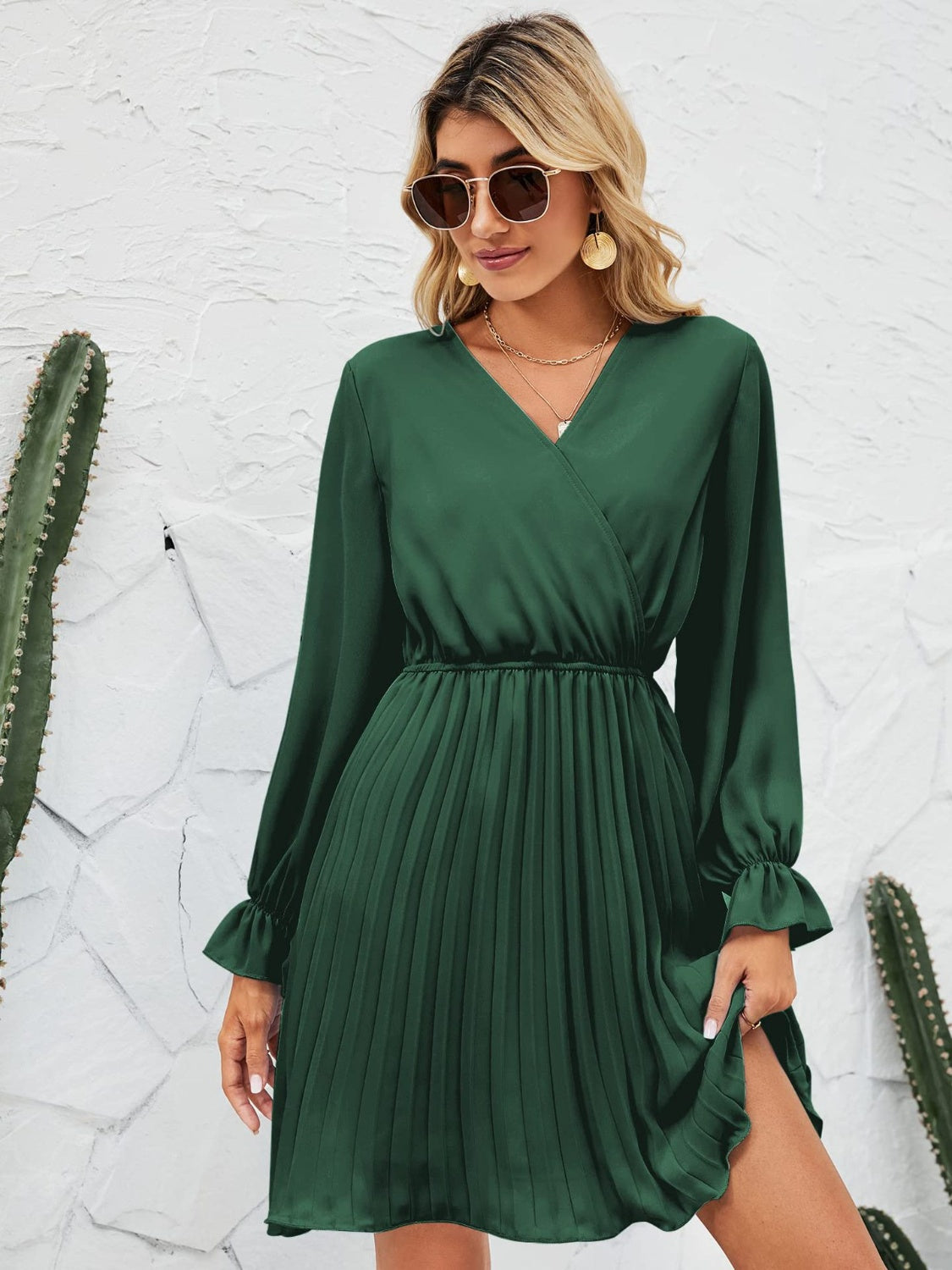 Ivyshape | Surplice Flounce Sleeve Pleated Mini Dress