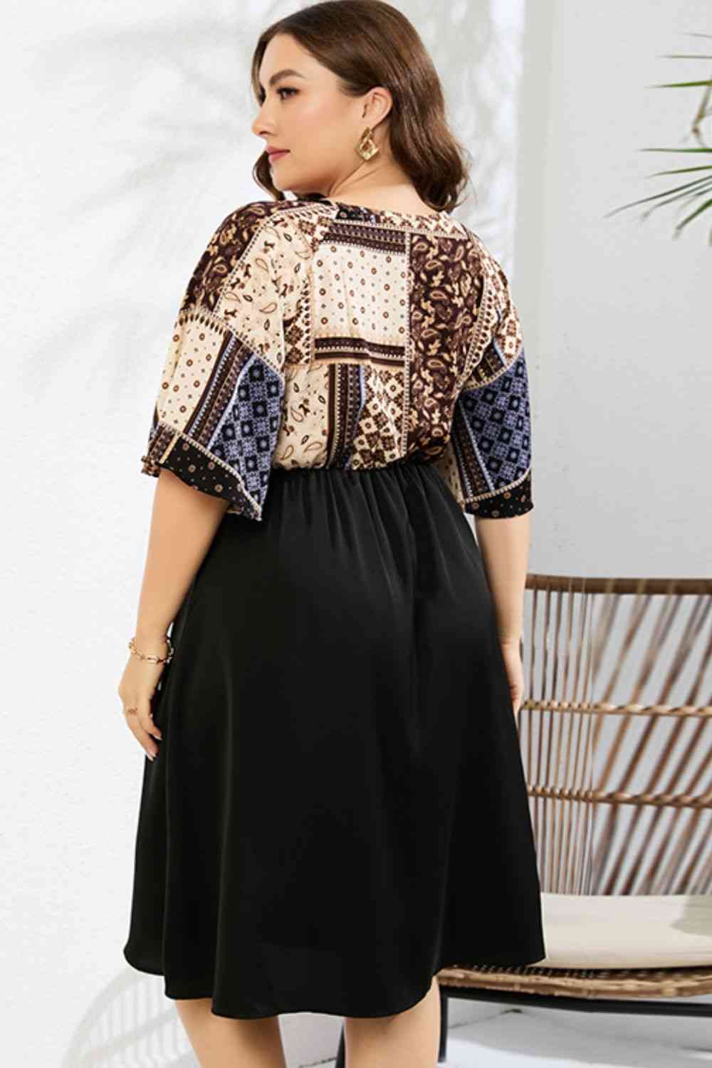 Plus Size Printed Two-Tone Flutter Sleeve Dress