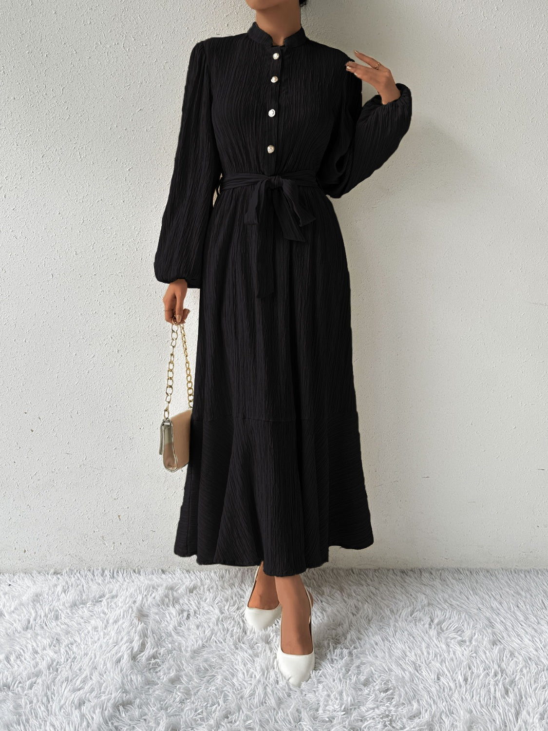 Ivyshape | Tie Waist Long Sleeve Dress