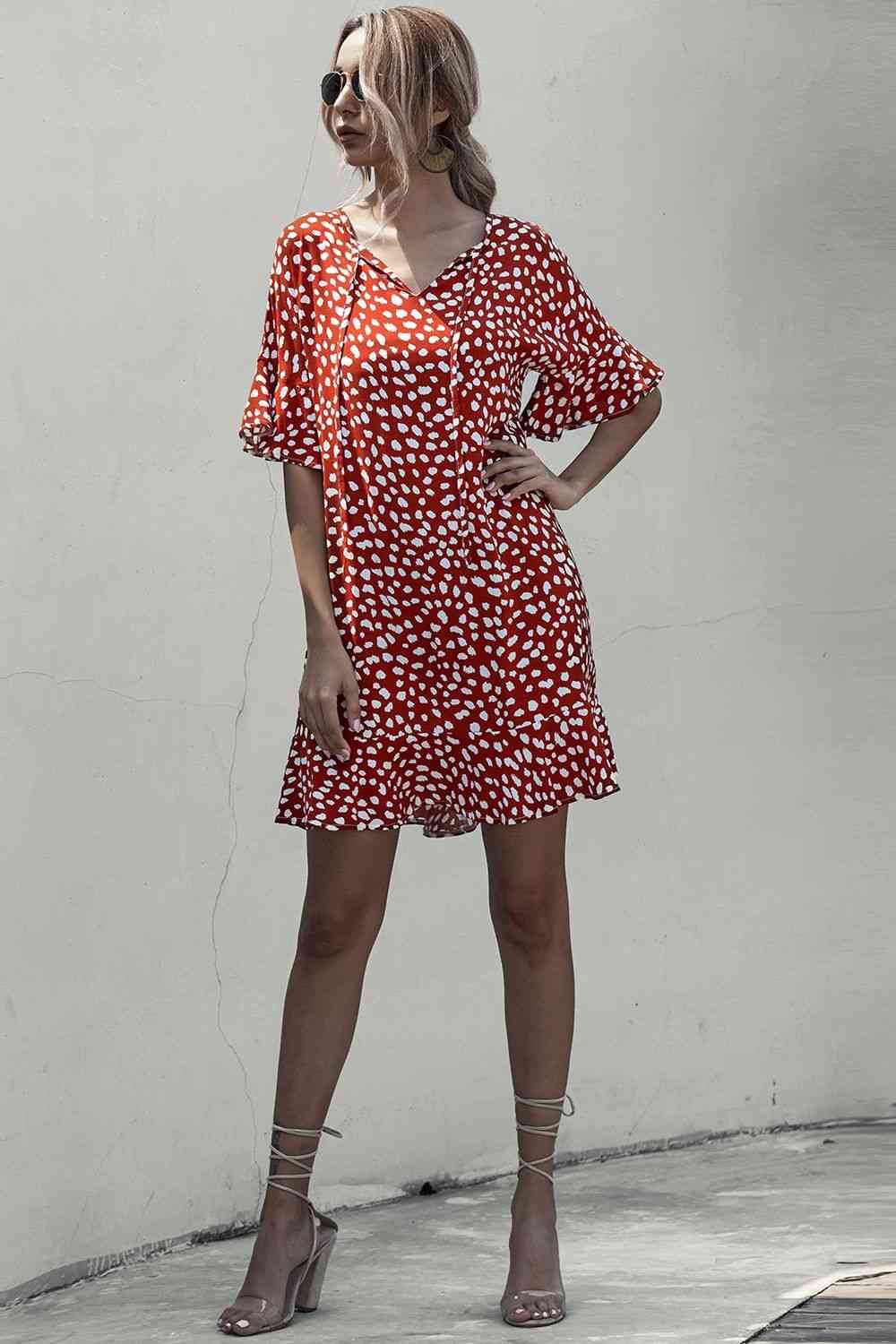 Tie Neck Flounce Sleeve Printed Mini Dress