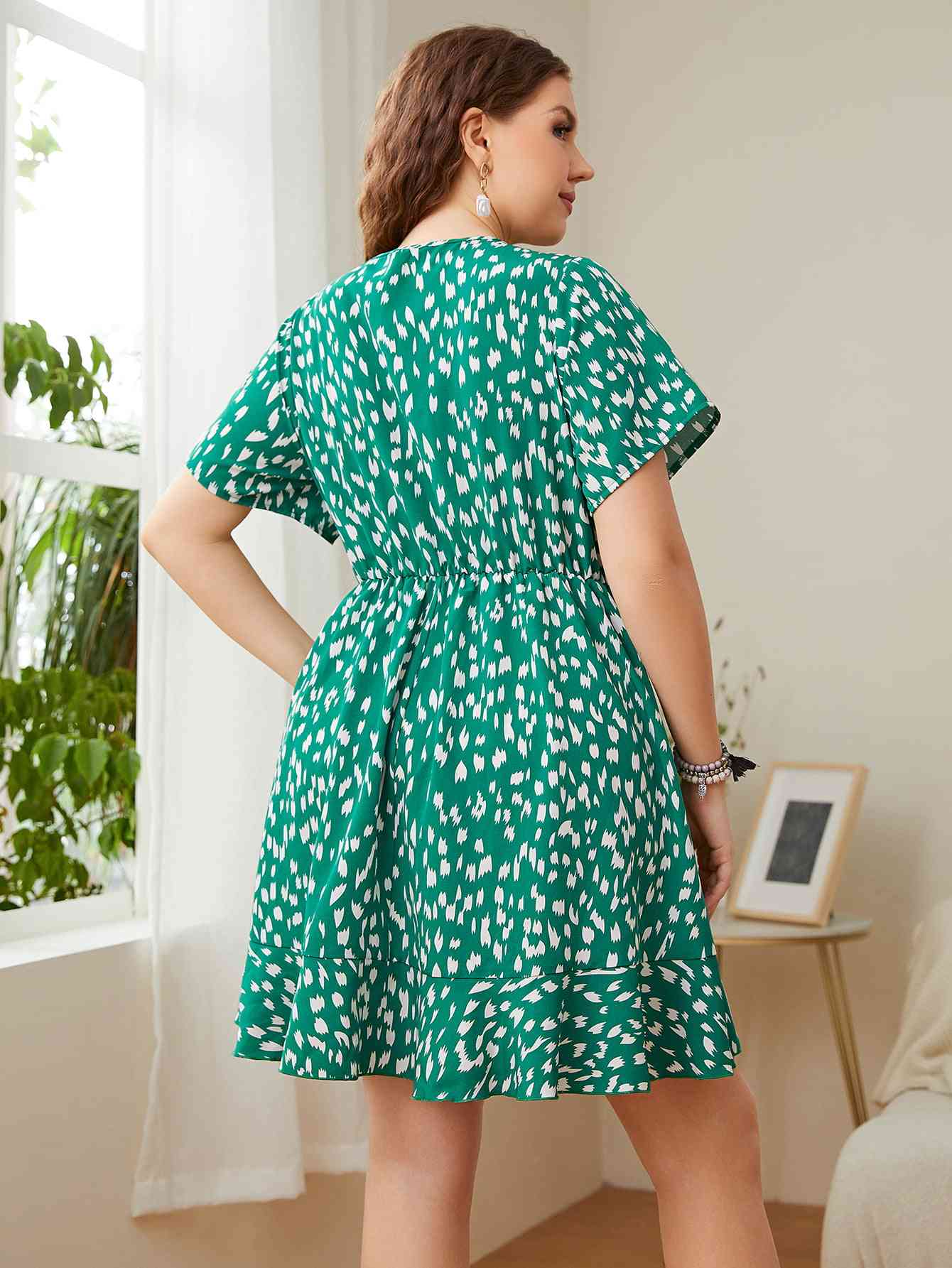 Plus Size Printed Tie Neck Ruffled Dress