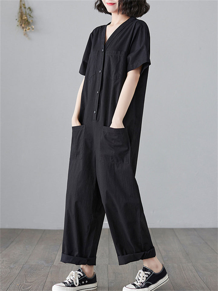 Female Leisure V Neck Multi-Pocket Hard-Wearing Overalls