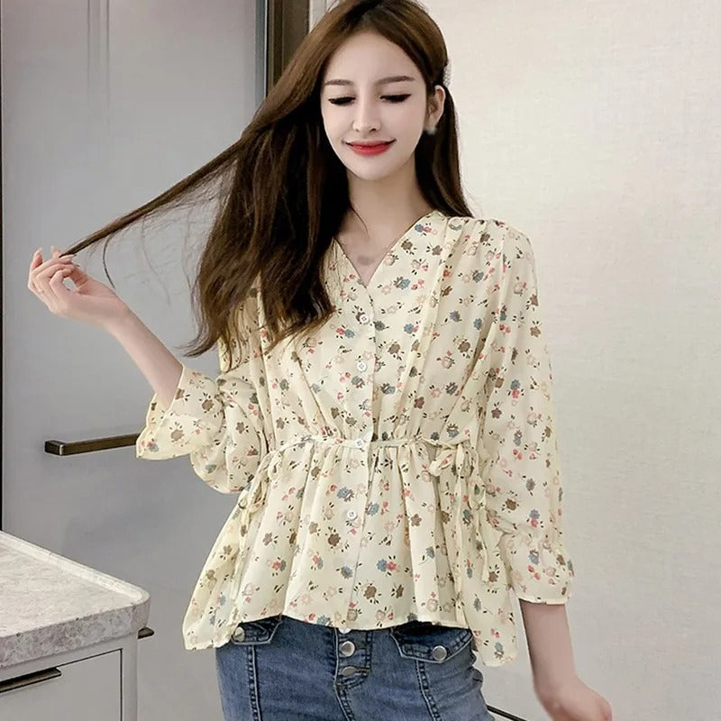 Sweet Floral V-Neck Chiffon Blouse for Women