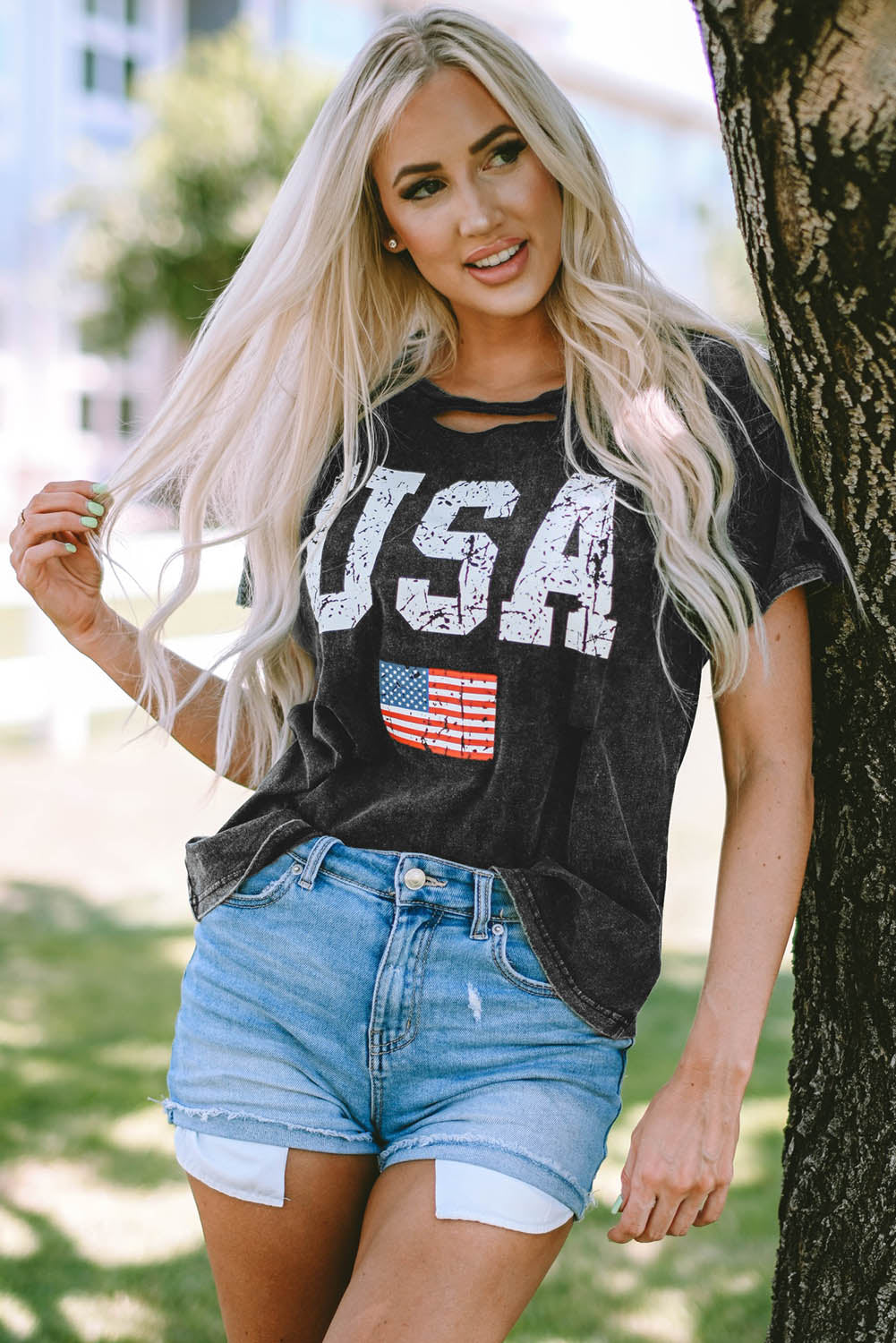 Ivyshape | Usa Cutout Round Neck Short Sleeve T-Shirt