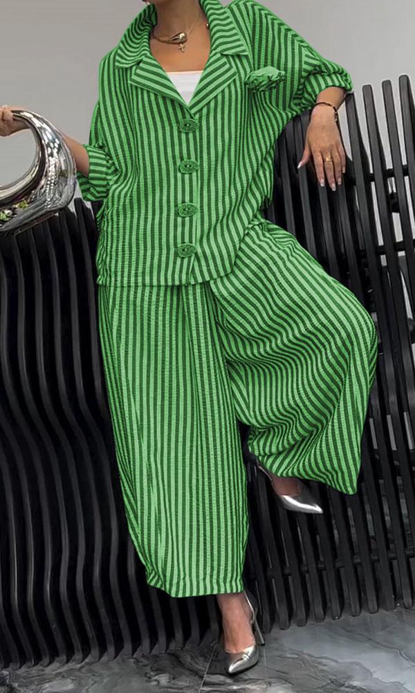 Ivyshape | Women's Comfortable Striped Top and Pants Two-Piece Set