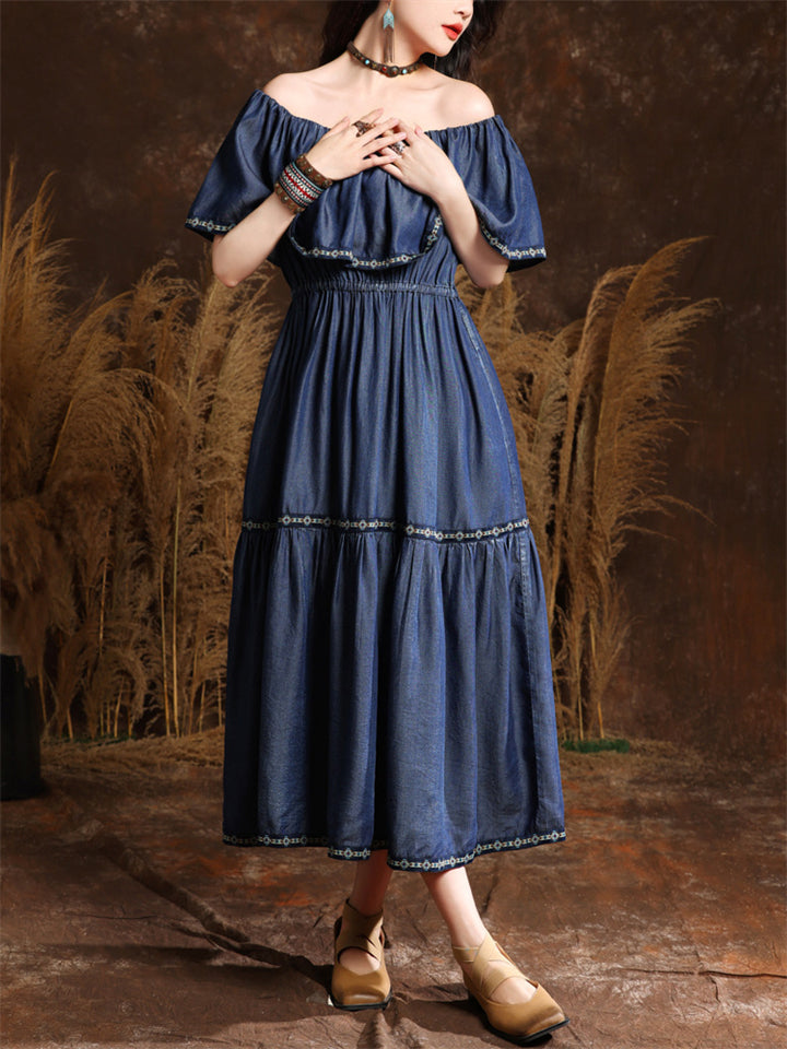 Romantic Off Shoulder Ruffles Patchwork Denim Dress for Women