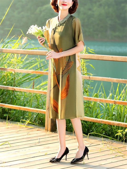 Ladies Cozy Breathable Chiffon Dress with Golden Lotus Print