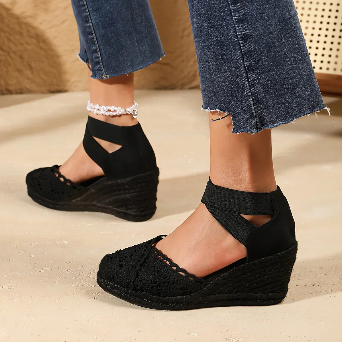 Ivyshape | Elegant Wedge Sandals with Crochet Tip