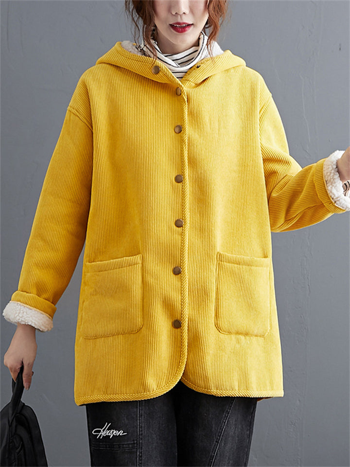 Winter Keep Warm Plush Lining Corduroy Hooded Coat