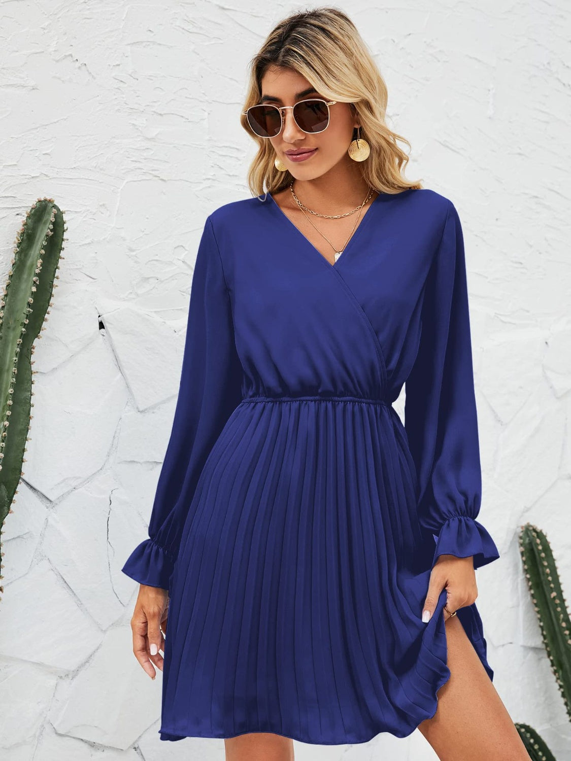 Ivyshape | Surplice Flounce Sleeve Pleated Mini Dress