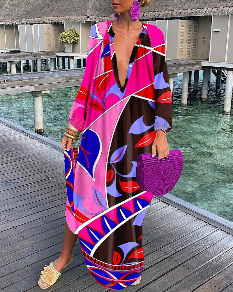 V-Neck Loose Long Sleeve Print Dress