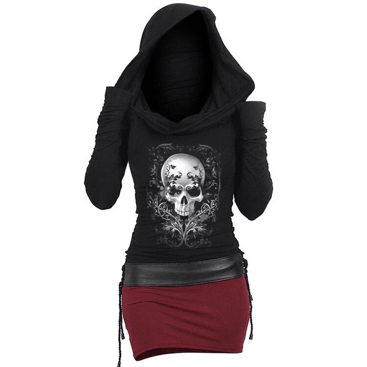 Gothic Tattoo Skull Print Color Block Hooded Dress