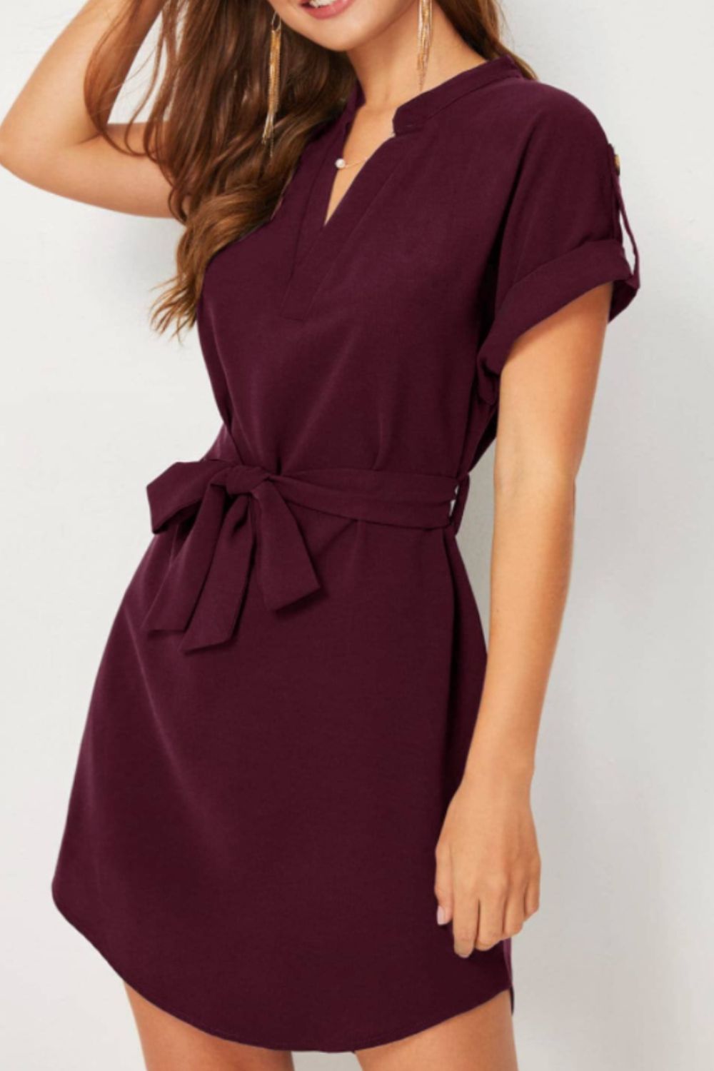 Ivyshape | Tied Notched Short Sleeve Dress