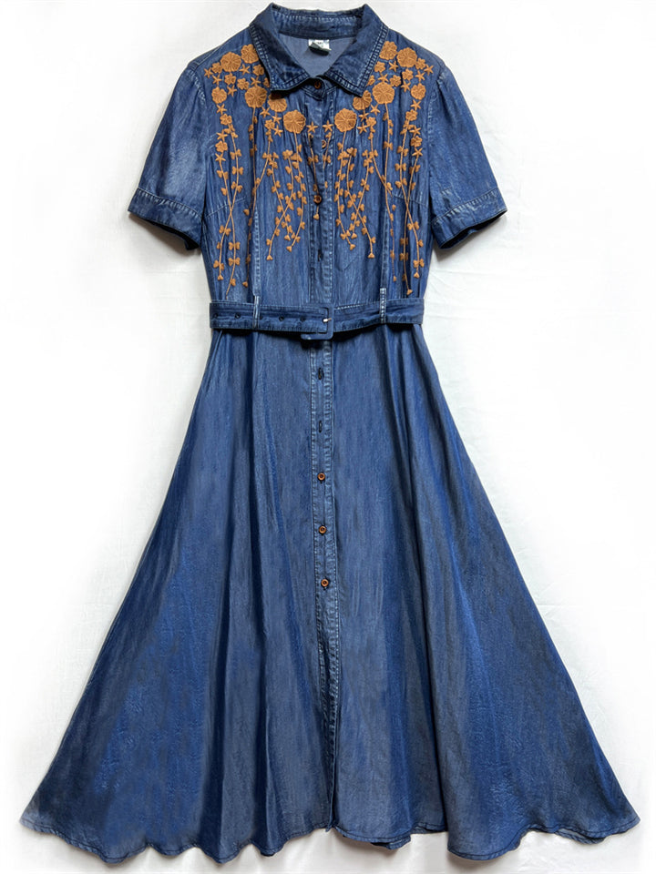 Orange Leaf Embroidery Lapel Button Blue Denim Dress