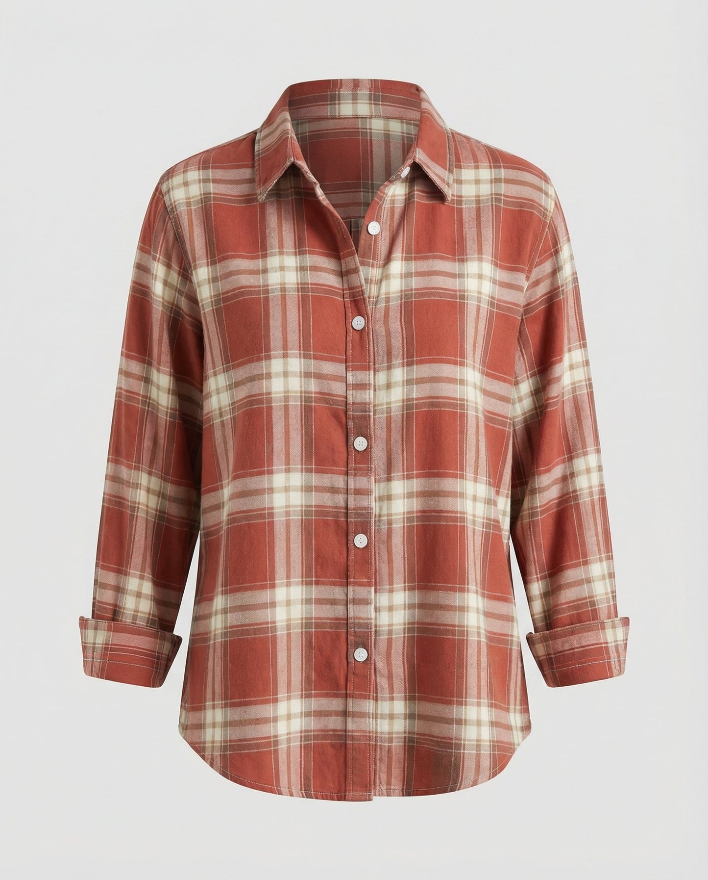 checkered shirt blouse with long sleeves, button front closure, and classic collar.