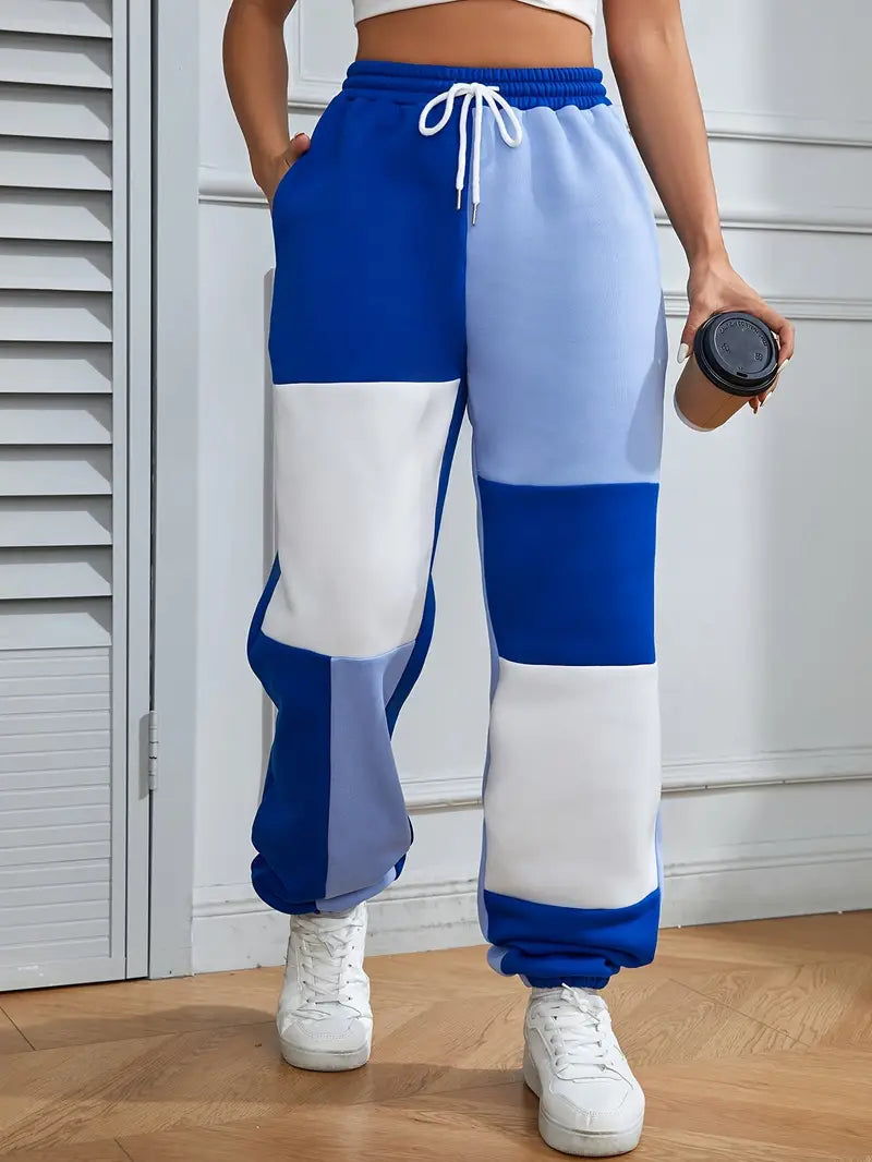 Ivyshape | Wide jogging pants with drawstring in color block