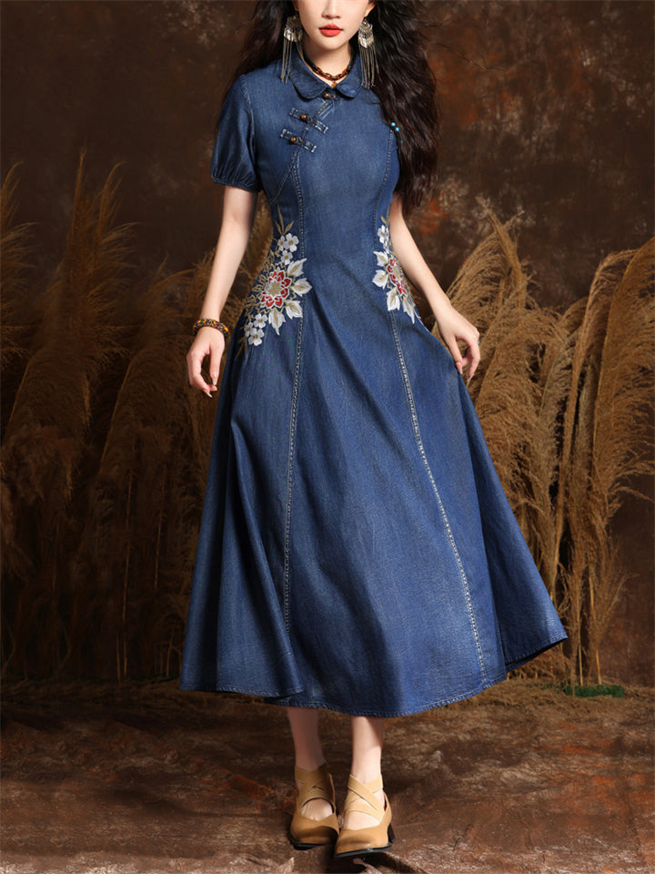 Beautiful Flower Embroidery Lapel Denim Pleated Dress