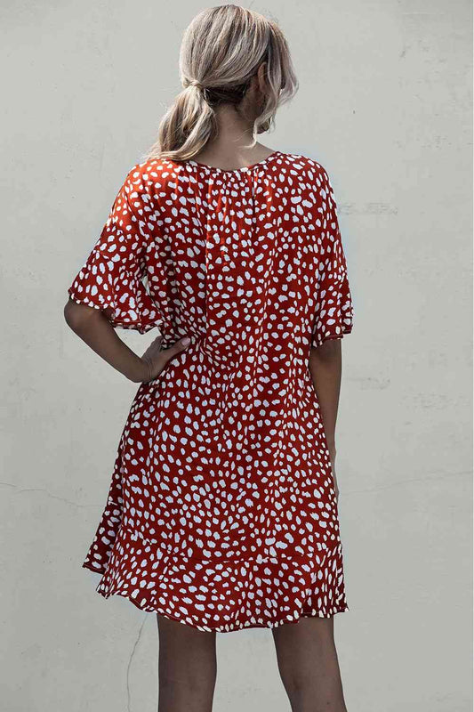 Tie Neck Flounce Sleeve Printed Mini Dress