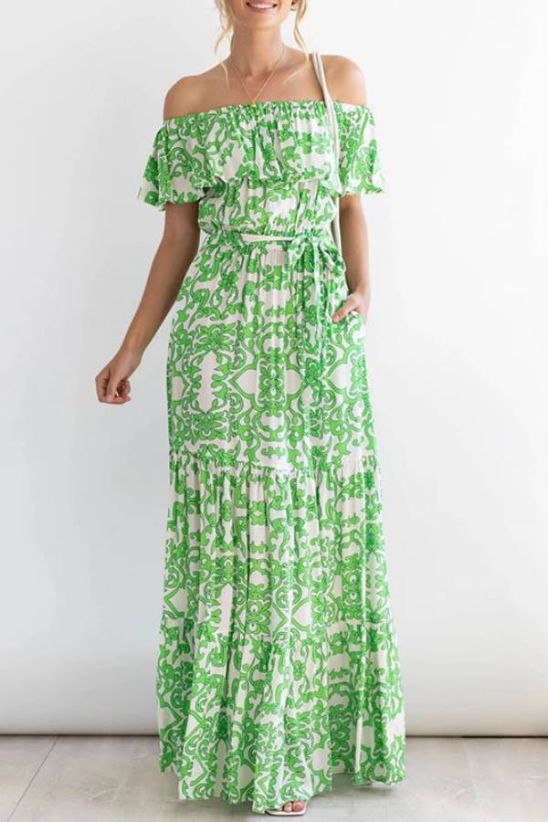 Ivyshape | Shoulder Short-Sleeved Printed Ruffled Maxi Dress