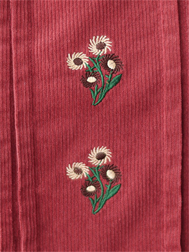 Retro Daisy Embroidery Mid-Length Corduroy Dress