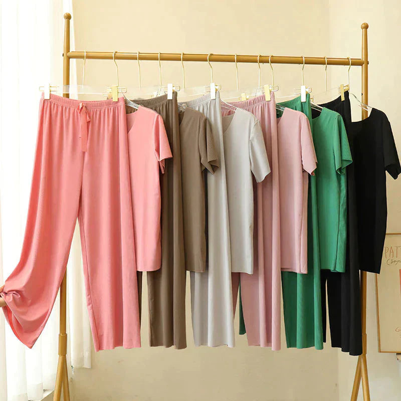 Ivyshape | Soft Ice Silk T-Shirt with Pants Set