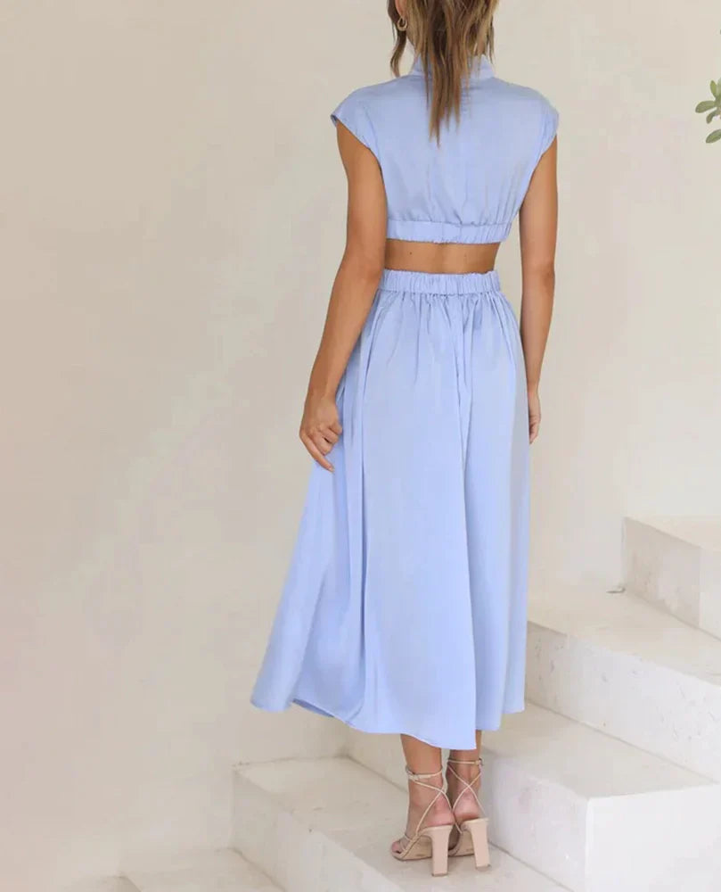 Stand Collar Solid Color Sexy Waist Midi Dress