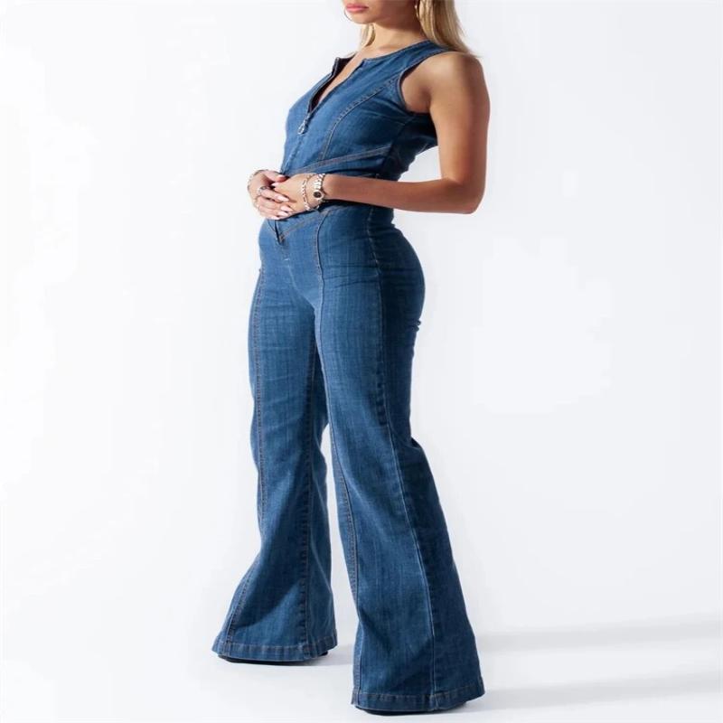 Ivyshape | Women's Blue Denim Jumpsuit Sleeveless