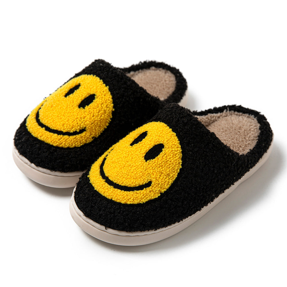 Schwarze Pelzpantoffel mit gelbem Smiley-Design