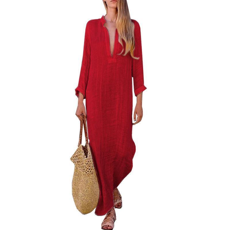 Color V Neck Long Sleeve Casual Maxi Dress