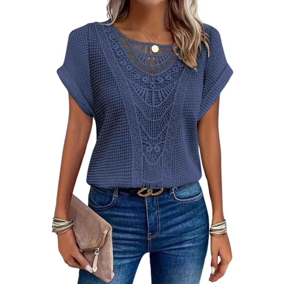 Ivyshape | Short Sleeve Top Casual Lace with Round Neck
