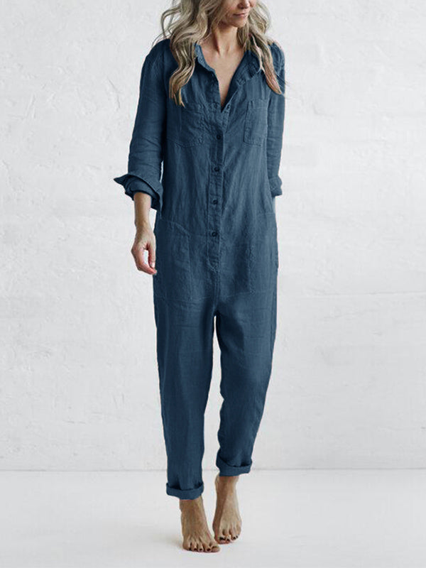 Ivyshape | Beatrix Button-up, Casual Long Sleeve Jumpsuit with Revers Pocket [Last Day Discount]