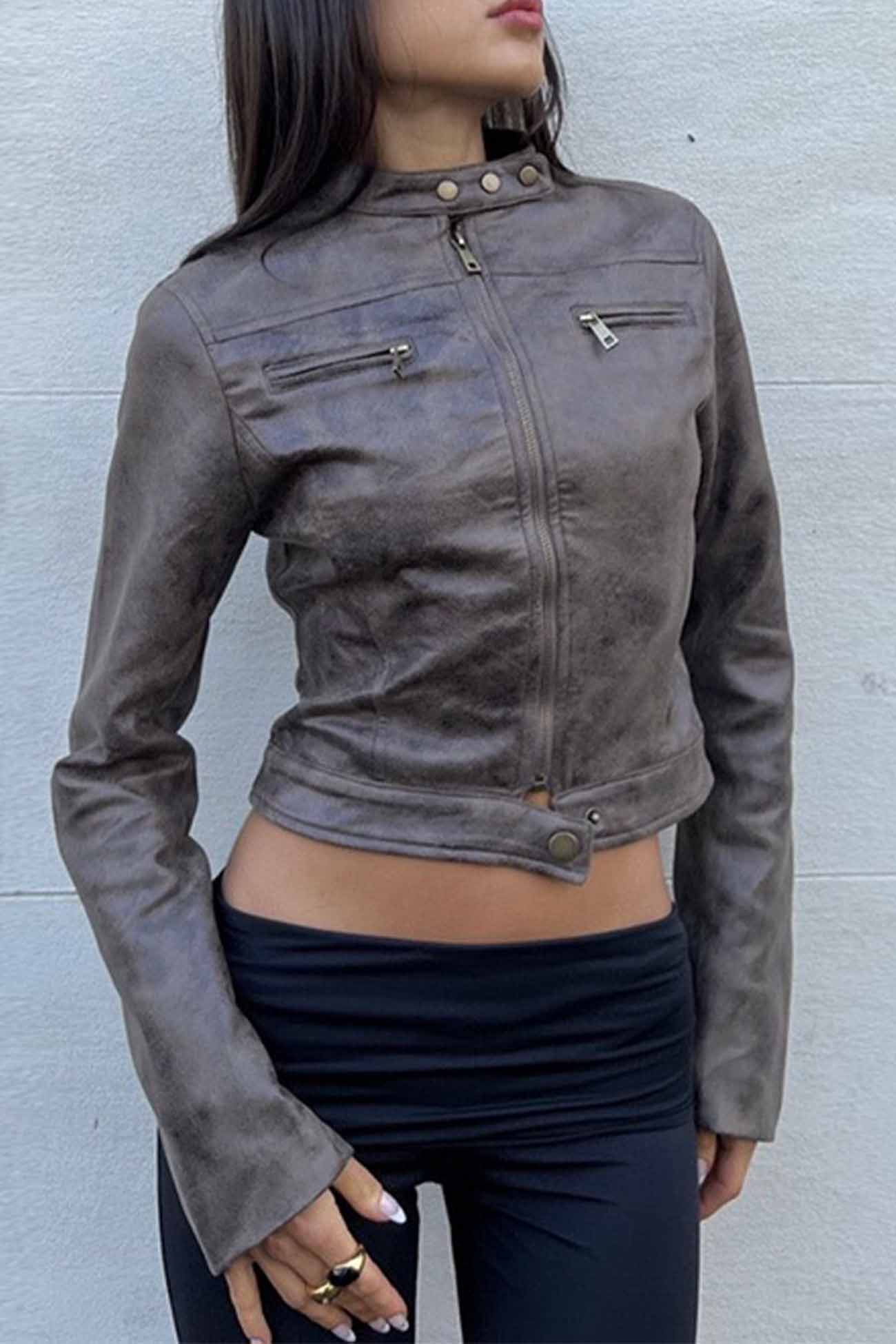 Suede Cropped Stand Collar Jacket