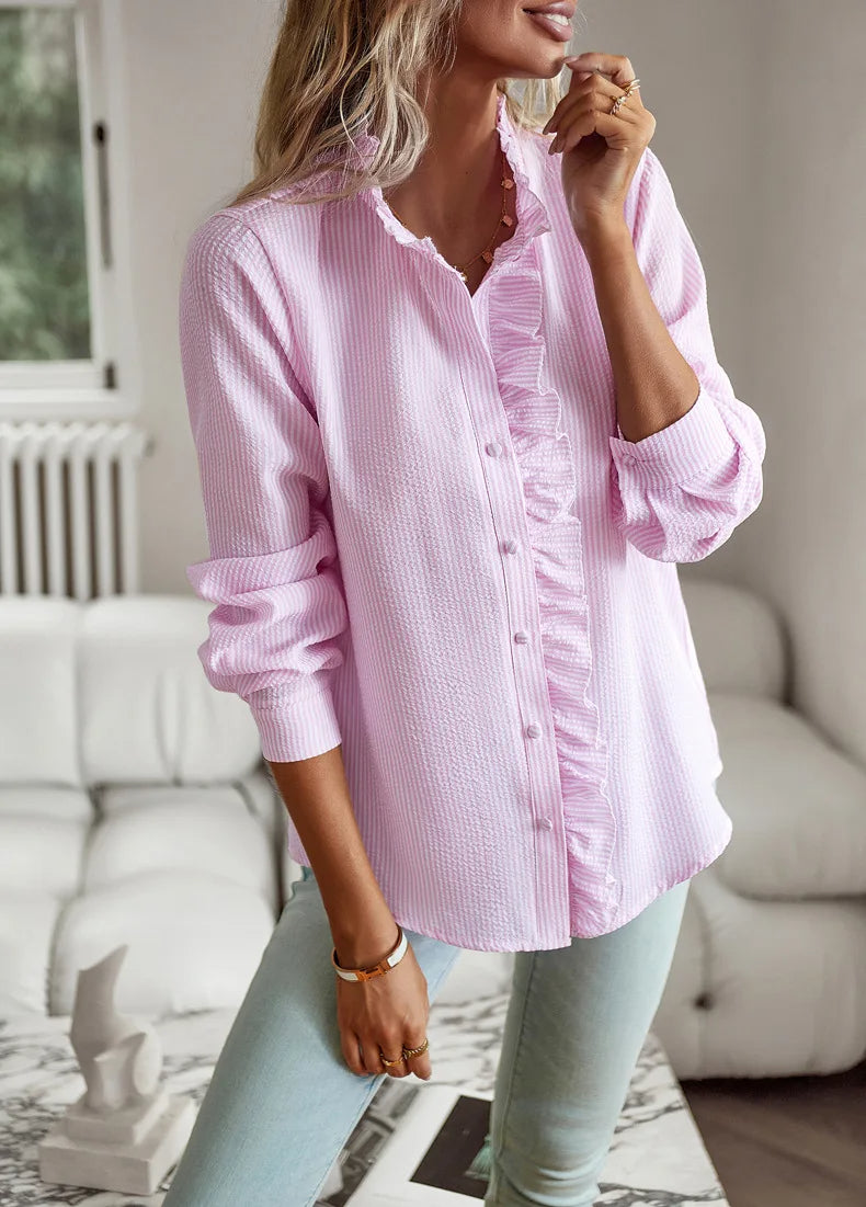 Ivyshape | Women's Ruffled Accent Polo Long Sleeves