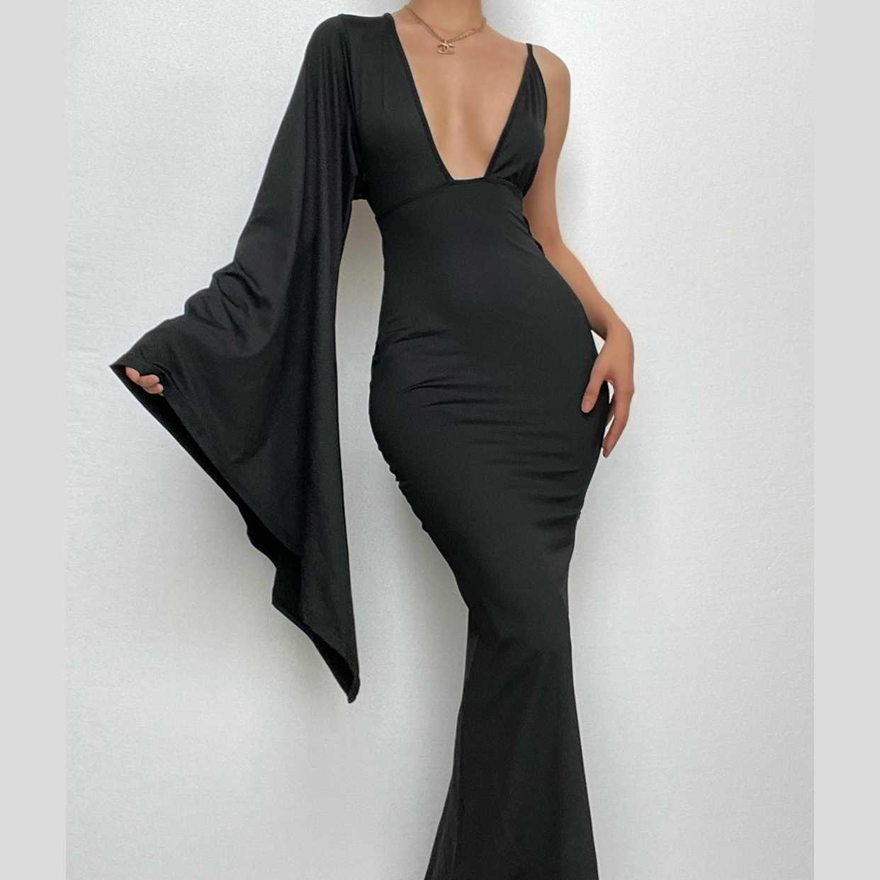 Irregular backless one shoulder flared sleeve solid maxi dress