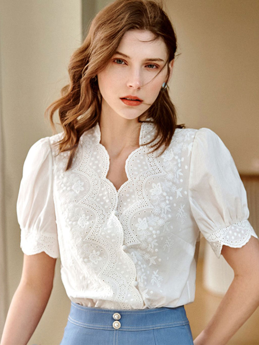 V-neck Embroidered Chiffon Shirt