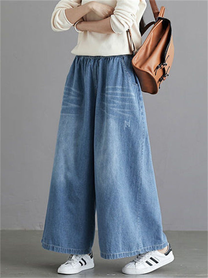 Women's Spring Summer Elastic Waist Wide Leg Jeans