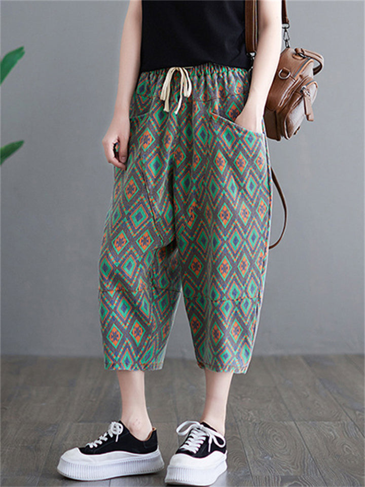 Vacation Green Diamond Elastic Waist Denim Cropped Pants