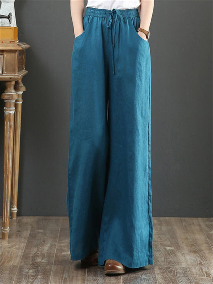 Women's Simple Linen High Waist Drawstring Wide Leg Pants