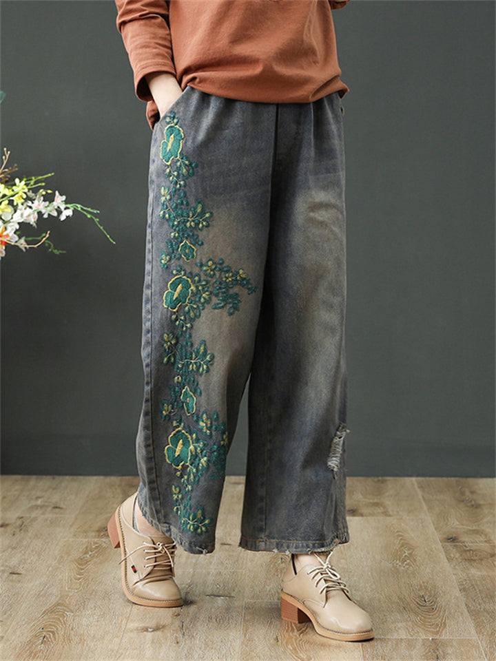 Embroidered Frayed Loose Fit Jeans for Women