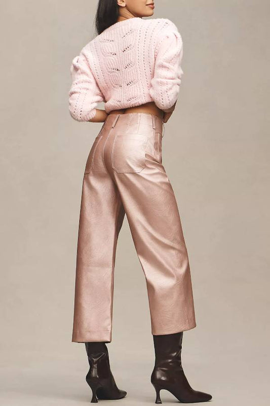 Ivyshape | Metallic Faux Leather Pocket Cropped Wide Leg Stretch Pants