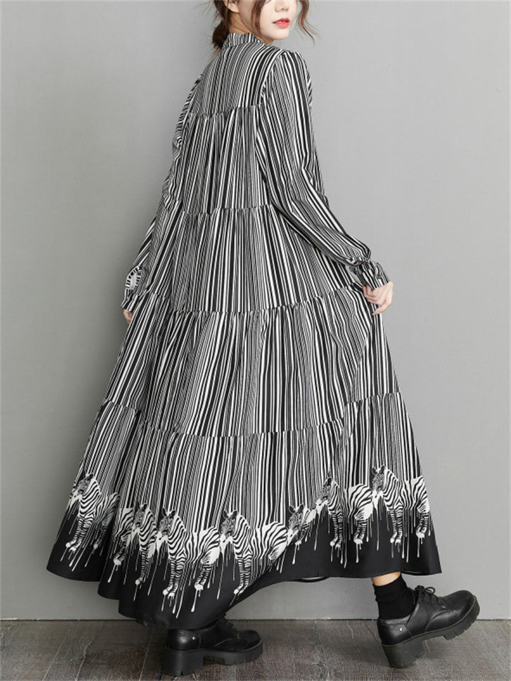 French Style Stripe Zebra Print Long Dress