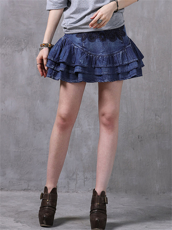 Stylish Multi-Layer Embroidery Blue Denim Short Skirt