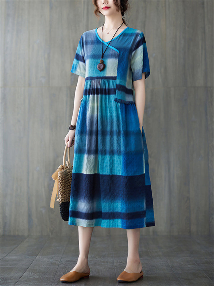 Stylish Contrast Color Plaid Dress for Women