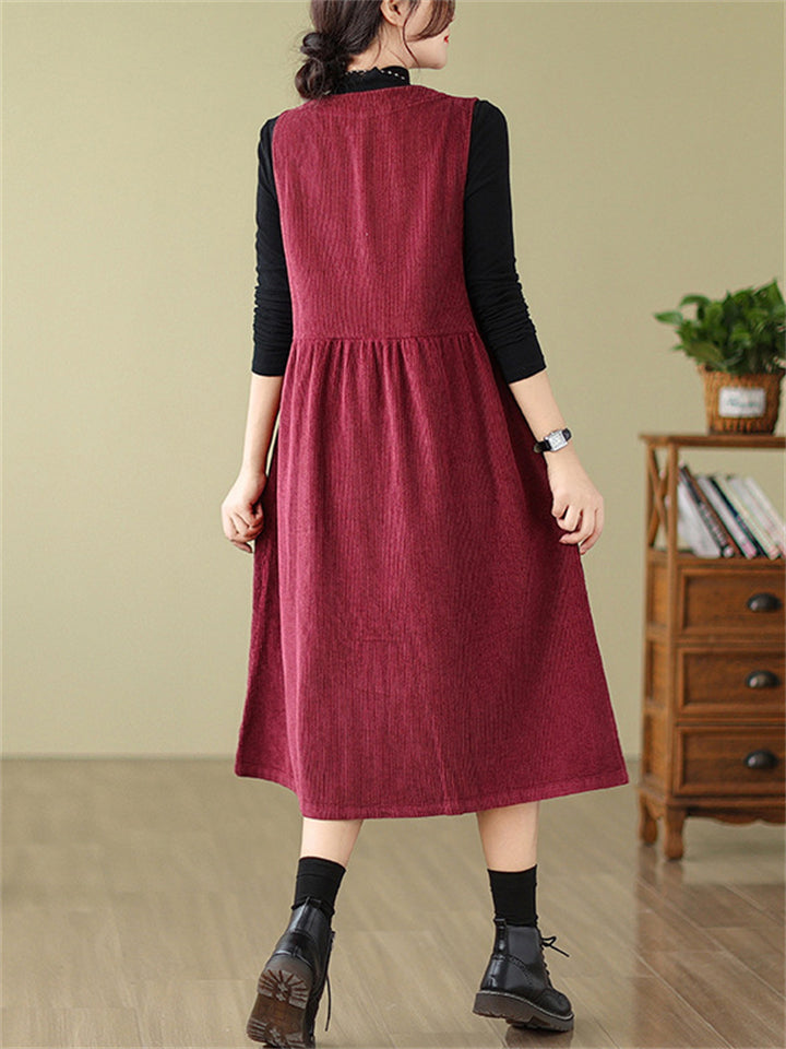 Crew Neck Button Up Sleeveless Mid-Length Dress