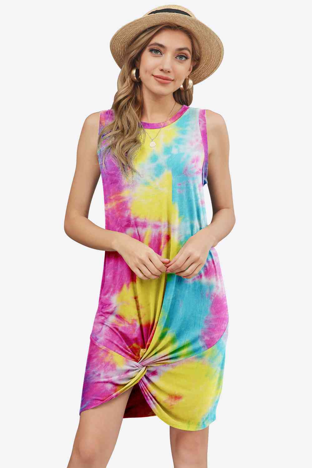 Tie-Dye Twisted Round Neck Sleeveless Dress