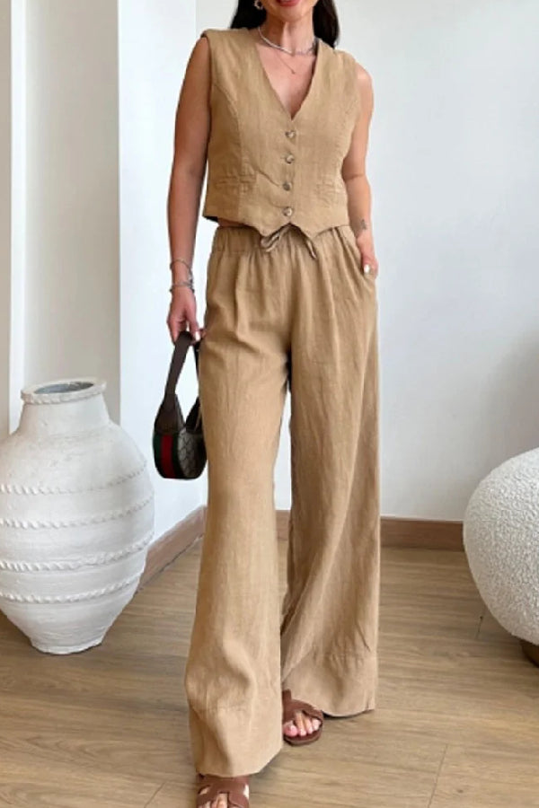 Ivyshape | Solid Color Cotton Linen Vest & Lace-Up Pants Two-Piece Set