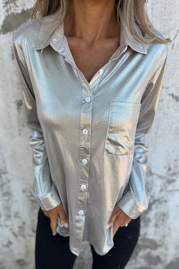 Ivyshape | Look Solid Metallic Loose Pocket Button-Down Blouse