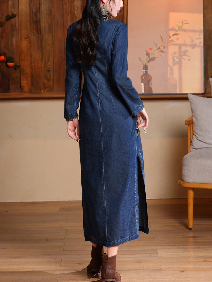 Elegant High-Rise Side Slit Blue Denim Embroidery Qipao