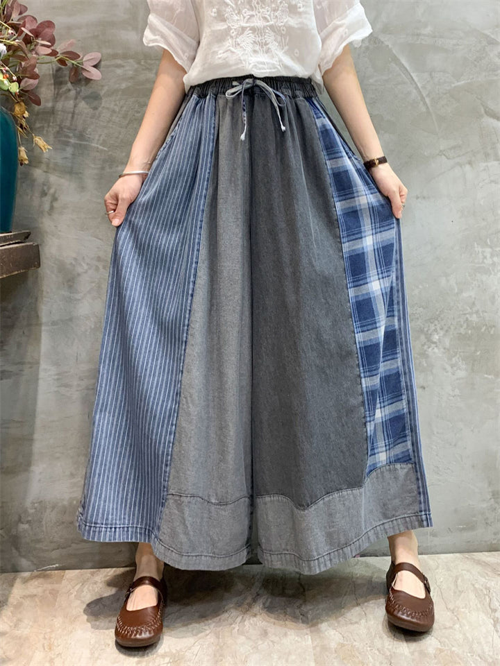 Stylish Plaid Patchwork Drawstring Wide-Leg Jeans