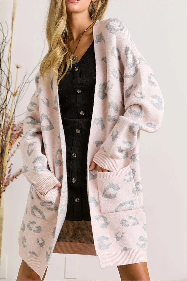 Ivyshape | Leopard Side Pockets Open Front Long Cardigan